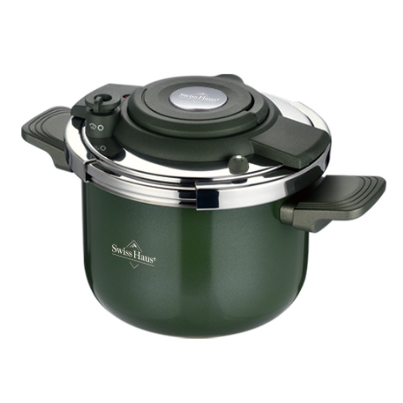 Oală sub presiune Swiss Haus SH-PC6LG, 6 l, 22 cm, structură cu trei straturi, indicator de nivel al apei, acoperire ceramică Sapphire, compatibilă cu plitele cu inducție, verde