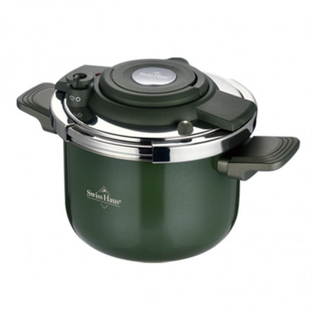 Oală sub presiune Swiss Haus SH-PC6LG, 6 l, 22 cm, structură cu trei straturi, indicator de nivel al apei, acoperire ceramică Sapphire, compatibilă cu plitele cu inducție, verde