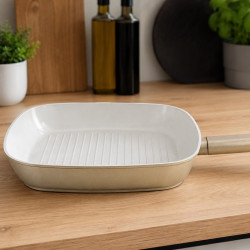 Tigaie pentru grătar Swiss Haus SH-SCGP28CH, 28 cm, acoperire ceramică Sapphire, pentru plite cu inducție, culoare șampanie