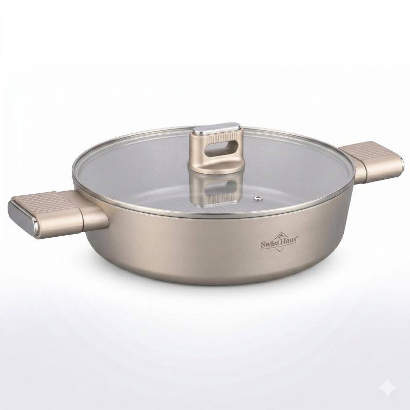 Oală joasă Swiss Haus SH-SCLC24CH, 2,8 l, 24 cm, acoperire ceramică Sapphire, cuptor până la 160 °C, inducție, culoare șampanie