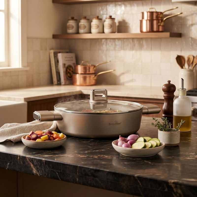 Oală joasă Swiss Haus SH-SCLC24CH, 2,8 l, 24 cm, acoperire ceramică Sapphire, cuptor până la 160 °C, inducție, culoare șampanie