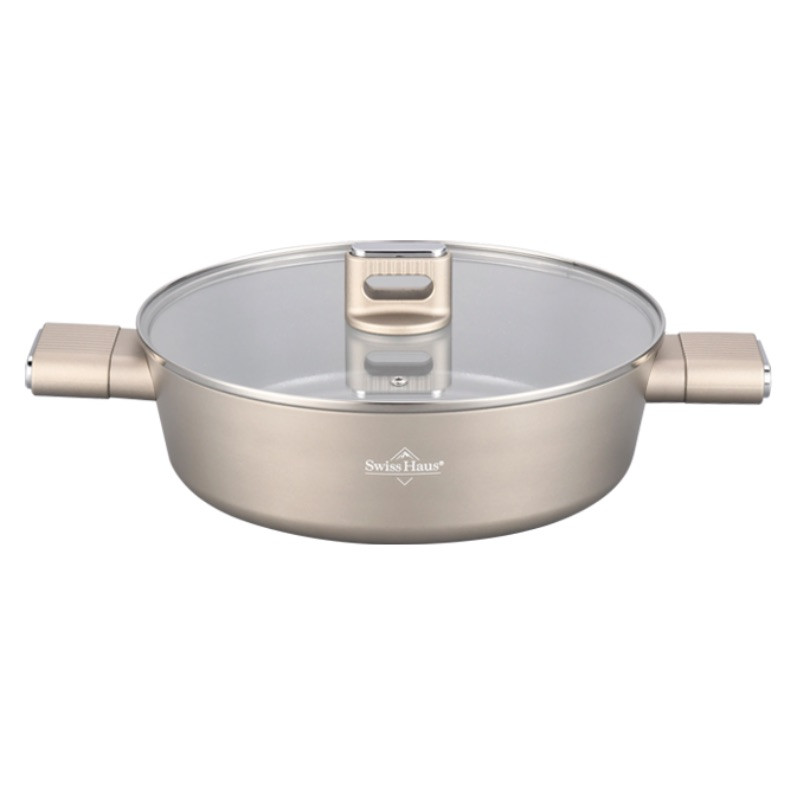 Oală joasă Swiss Haus SH-SCLC24CH, 2,8 l, 24 cm, acoperire ceramică Sapphire, cuptor până la 160 °C, inducție, culoare șampanie
