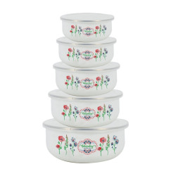 Set de 5 vase emailate cu capac pentru alimente Rosberg R51212A, Rotunde, Albe