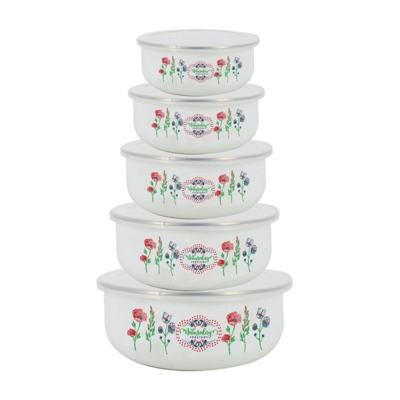 Set de 5 vase emailate cu capac pentru alimente Rosberg R51212A, Rotunde, Albe