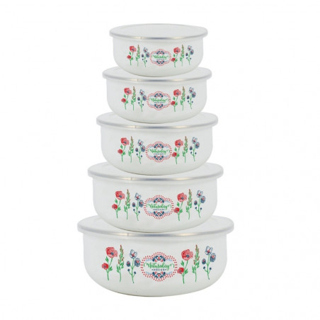 Set de 5 vase emailate cu capac pentru alimente Rosberg R51212A, Rotunde, Albe