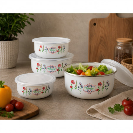Set de 5 vase emailate cu capac pentru alimente Rosberg R51212A, Rotunde, Albe