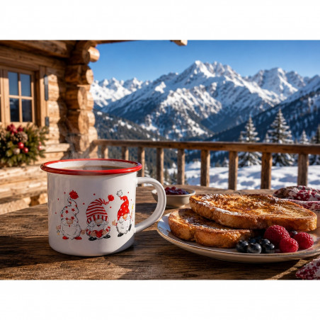 Cana emailata Rosberg R51306A9, 500 ml, 9x9 cm, Margine rotunjita, Tema Craciun, Alb/Rosu