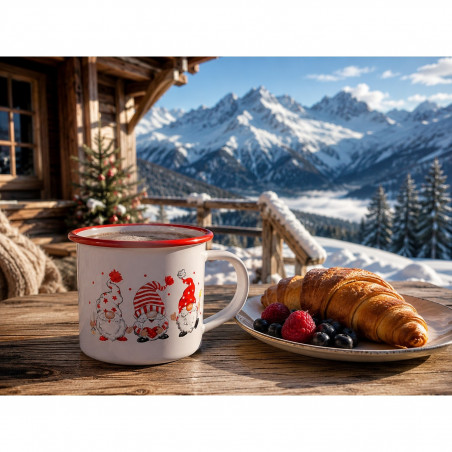 Cana emailata Rosberg R51306A7, 250 ml, 7x7 cm, Margine rotunjita, Tema de Craciun, Alb/Rosu