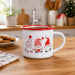 Cana emailata Rosberg R51306A7, 250 ml, 7x7 cm, Margine rotunjita, Tema de Craciun, Alb/Rosu