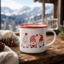 Cana emailata Rosberg R51306A7, 250 ml, 7x7 cm, Margine rotunjita, Tema de Craciun, Alb/Rosu