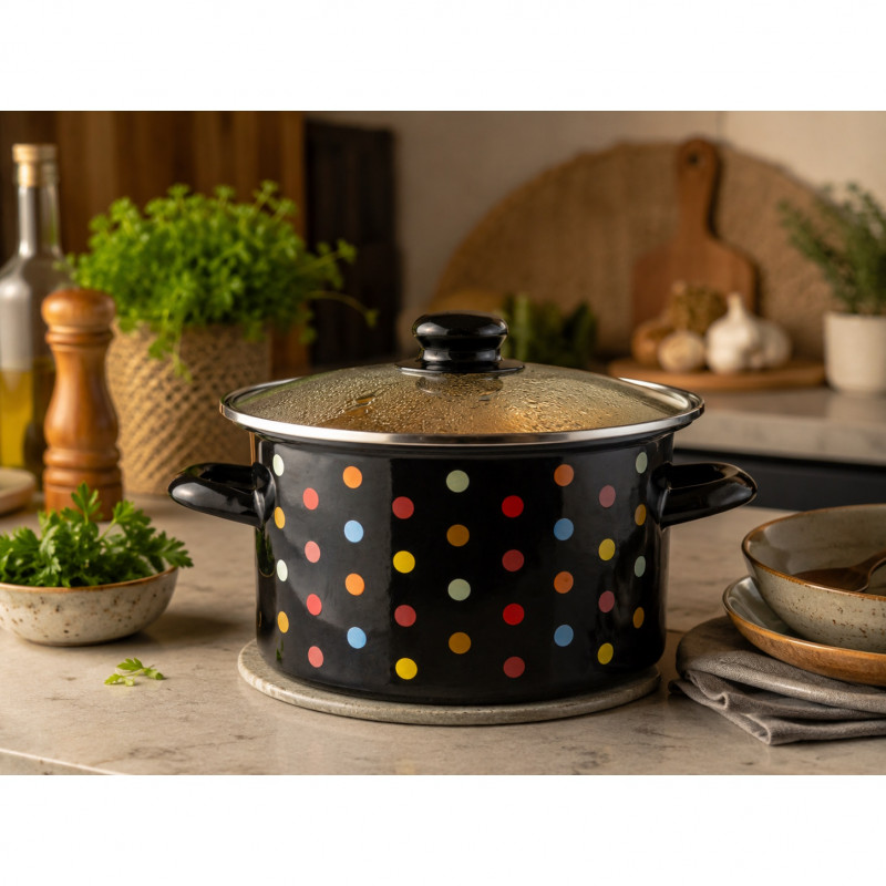 Oala din otel emailata cu capac Rosberg Premium RP54518I20G, Ø20x12 cm, 2,65 l, Toate plitele inclusiv inductie, Negru