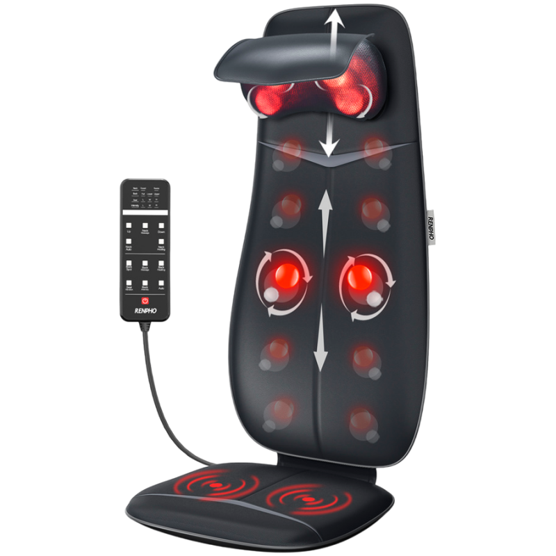 Perna de masaj Shiatsu RENPHO Neck & Back Massage Cushion - S-, 48W, 4 zone, 3 niveluri, Încălzire până la 45 °C, Reglabilă, Telecomandă, Negru
