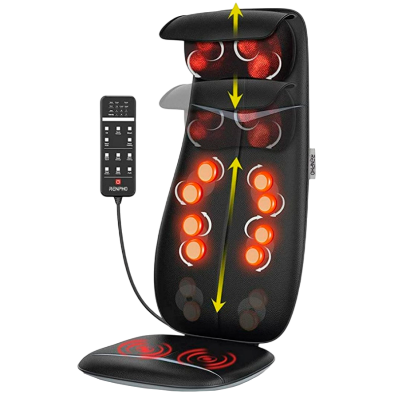 Perna de masaj Shiatsu RENPHO Neck & Back Massage Cushion - S-, 48W, 4 zone, 3 niveluri, Încălzire până la 45 °C, Reglabilă, Telecomandă, Negru