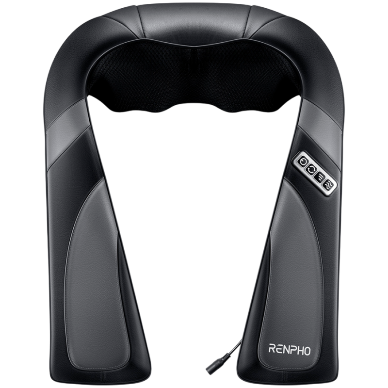 Aparat portabil de masaj Shiatsu RENPHO U-Neck Go, 24 W, 8 capete, 2 directii, 3 niveluri de intensitate, Incalzire pana la 45°C, Piele PU + material respirabil, Negru