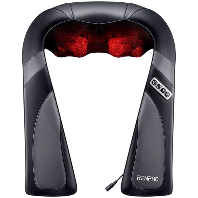 Aparat portabil de masaj Shiatsu RENPHO U-Neck Go, 24 W, 8 capete, 2 directii, 3 niveluri de intensitate, Incalzire pana la 45°C, Piele PU + material respirabil, Negru