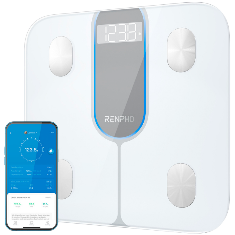 Cântar inteligent RENPHO Elis 1C, până la 200 kg, 13 indicatori, afișaj LED, aplicație mobilă, sticlă călită, alb