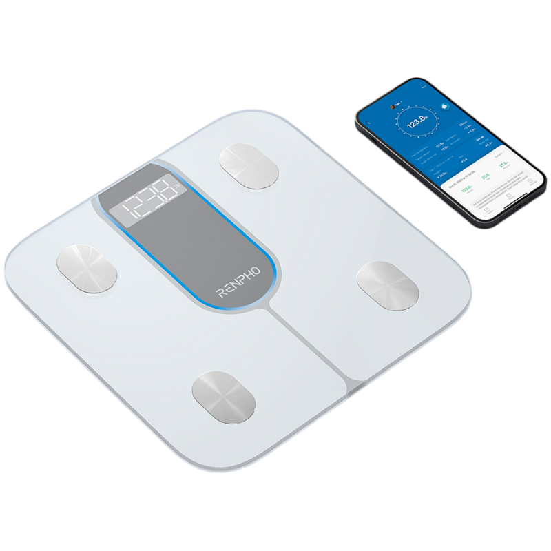 Cântar inteligent RENPHO Elis 1C, până la 200 kg, 13 indicatori, afișaj LED, aplicație mobilă, sticlă călită, alb