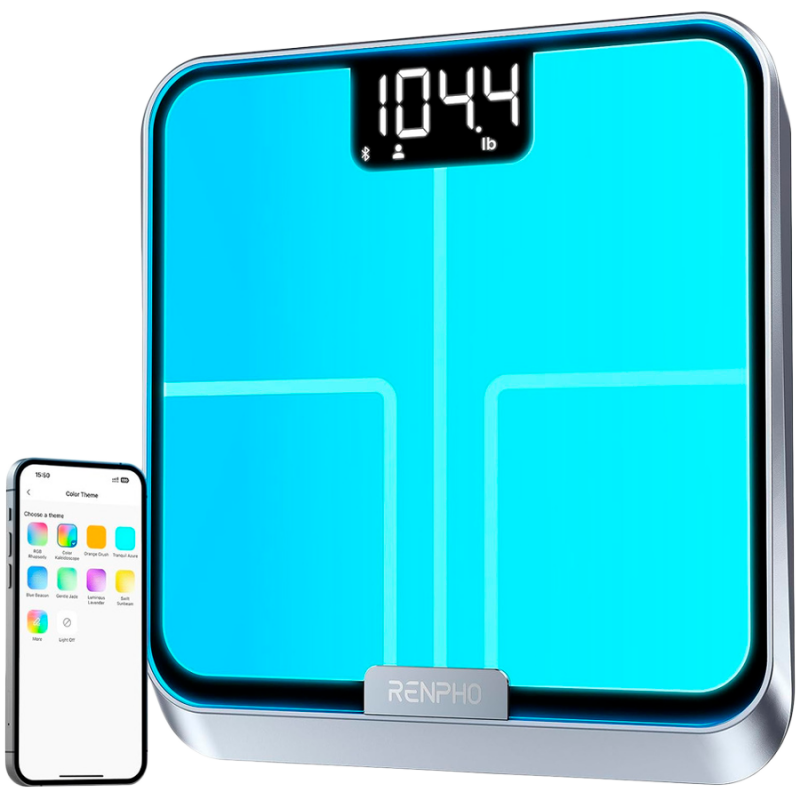 Cântar inteligent RENPHO Elis Chroma, până la 180 kg, 13 indicatori, LED, RGB, Wi-Fi, Bluetooth, 8 profiluri, recunoaștere, aplicație mobilă, USB-C, crom