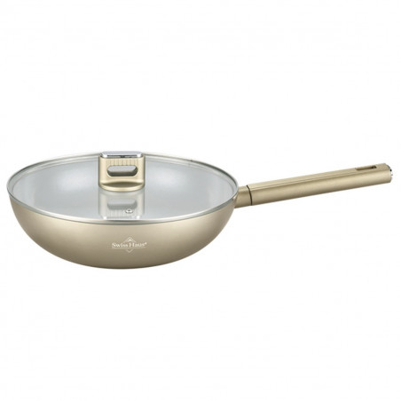 Tigaie Swiss Haus Speiez Castle SH-SCW28CH, 4,2 l, 28 cm, acoperire ceramică Sapphire, capac din sticlă cu orificiu pentru aburi, compatibilă cu plitele cu inducție, culoare șampanie