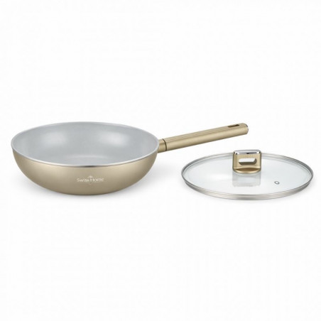 Tigaie Swiss Haus Speiez Castle SH-SCW28CH, 4,2 l, 28 cm, acoperire ceramică Sapphire, capac din sticlă cu orificiu pentru aburi, compatibilă cu plitele cu inducție, culoare șampanie