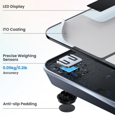 Cântar inteligent RENPHO Elis Chroma, până la 180 kg, 13 indicatori, LED, RGB, Wi-Fi, Bluetooth, 8 profiluri, recunoaștere, aplicație mobilă, USB-C, crom