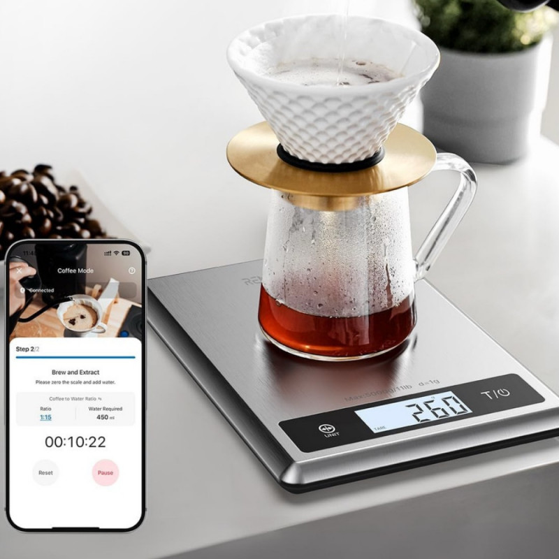 Cântar de bucătărie inteligent RENPHO Calibra 1, până la 5 kg, 20 de funcții de analiză, sincronizare cu aplicații mobile, funcție TARE, mod „cafea”, sticlă călită, culoare argintie