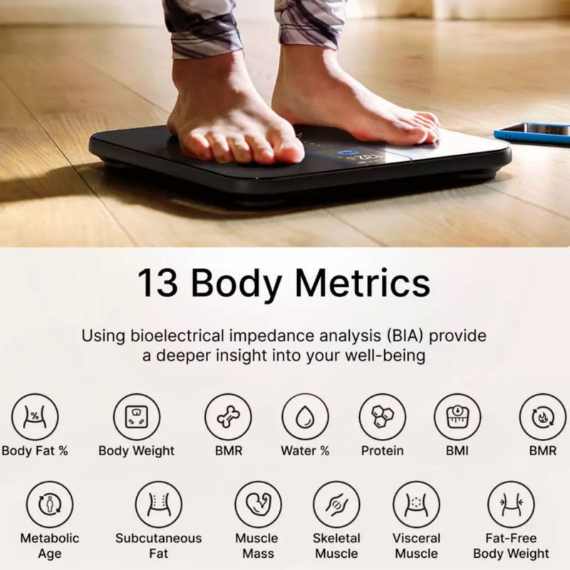 Cântar inteligent RENPHO Smart WiFi, până la 180 kg, 13 parametri, recunoașterea utilizatorului, sincronizare cu aplicații mobile, analiză prin bioimpedanță, USB-C, albastru închis