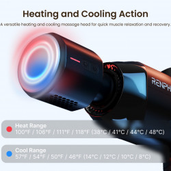 Pistol de masaj RENPHO Power+, 15 W, 150 min, 6 viteze, 1850-2600 rpm, 4 niveluri de răcire/încălzire, cronometru, ecran tactil, Bluetooth, negru