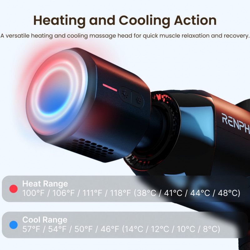 Pistol de masaj RENPHO Power+, 15 W, 150 min, 6 viteze, 1850-2600 rpm, 4 niveluri de răcire/încălzire, cronometru, ecran tactil, Bluetooth, negru