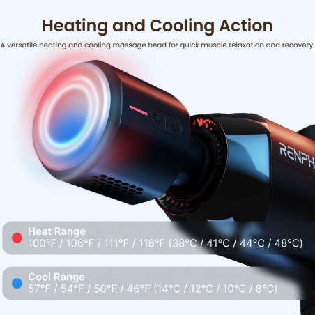 Pistol de masaj RENPHO Power+, 15 W, 150 min, 6 viteze, 1850-2600 rpm, 4 niveluri de răcire/încălzire, cronometru, ecran tactil, Bluetooth, negru