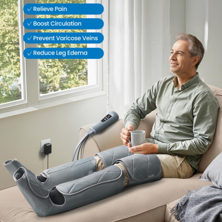 Aparat de masaj cu compresie pentru picioare RENPHO Foot & Calf Air Massager, 24 W, încălzire, 3 niveluri, moduri de masaj, memorie, indicator de încălzire, protecții, gri