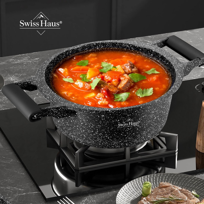 Oală Swiss Haus SH-MC24B, 4,3 l, 24 cm, acoperire ceramică Sapphire, cuptor până la 220 °C, plită cu inducție, negru