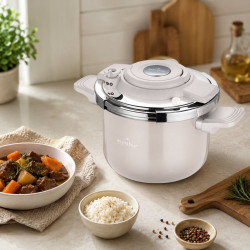 Oală sub presiune Swiss Haus SH-PC6LCR, 6 l, 22 cm, structură cu trei straturi, indicator de nivel al apei, acoperire ceramică Sapphire, compatibilă cu plitele cu inducție, culoare crem