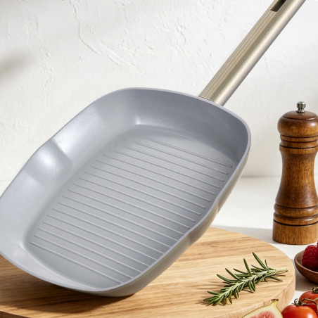 Tigaie pentru grătar Swiss Haus SH-SCGP28CH, 28 cm, acoperire ceramică Sapphire, pentru plite cu inducție, culoare șampanie
