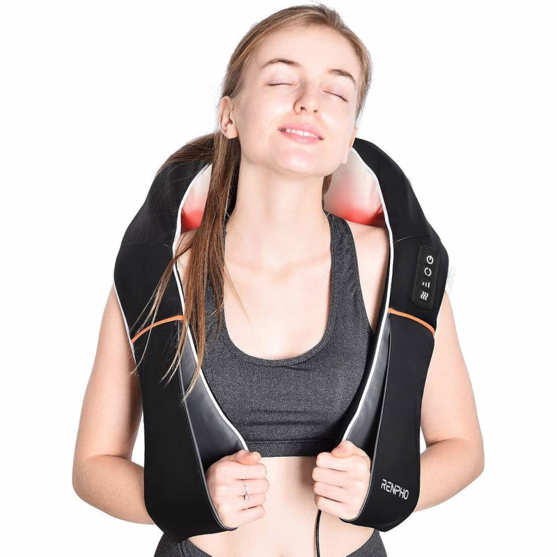 Aparat de masaj Shiatsu RENPHO U-Neck 1, 24 W, 8 capete, 2 directii, 3 niveluri de intensitate, Incalzire pana la 47 °C, Piele PU + material respirabil, Negru