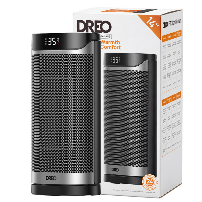 Încălzitor cu ventilator DREO Solaris 619, 2000 W, 20 m², PTC, 5 moduri de funcționare, 8 niveluri de protecție, cronometru, telecomandă, rotire la 70°, 5–35 °C, Negru/gri