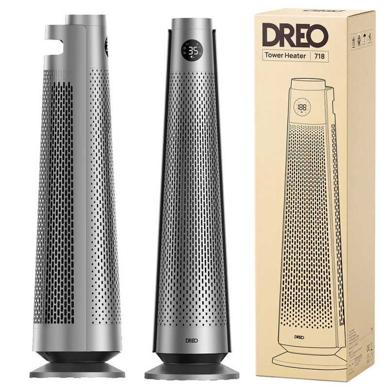 Încălzitor cu ventilator - tip turn DREO Solaris 718, 2000 W, 25 m², PTC, 5-35 °C, 5-35 °C, 9 moduri, oscilație de 120°, protecție în 8 trepte, temporizator, telecomandă, senzor de înclinare, gri/grafit