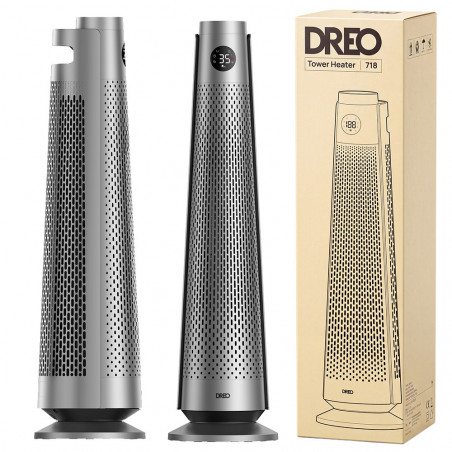 Încălzitor cu ventilator - tip turn DREO Solaris 718, 2000 W, 25 m², PTC, 5-35 °C, 5-35 °C, 9 moduri, oscilație de 120°, protecție în 8 trepte, temporizator, telecomandă, senzor de înclinare, gri/grafit