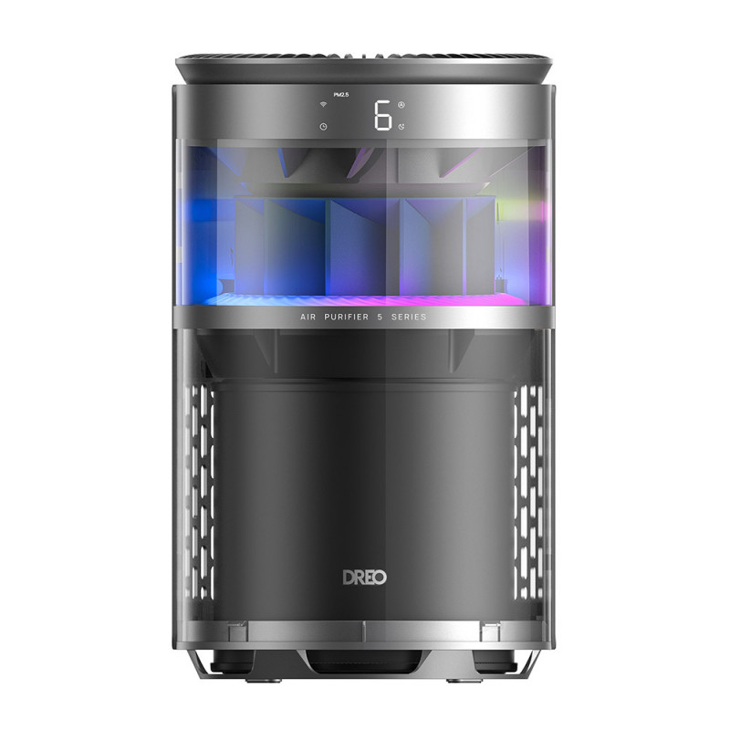 Purificator de aer DREO 530AS, 25 m², 221 m³/h, aspirație la 360°, True HEPA, Wi-Fi, cronometru, ultra silențios, senzor de calitate a aerului, negru