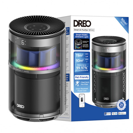 Purificator de aer DREO 530AS, 25 m², 221 m³/h, aspirație la 360°, True HEPA, Wi-Fi, cronometru, ultra silențios, senzor de calitate a aerului, negru