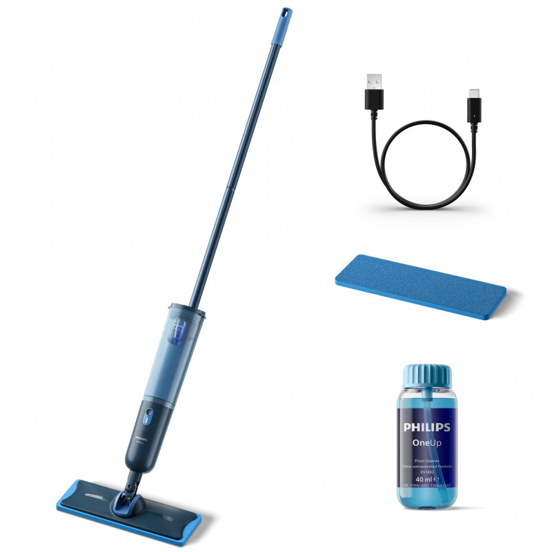 Mop electric Philips OneUp 3000 XV3101/01, 50 min, 50 m², 312/270 ml, cap rotativ la 360°, indicator LED, încărcare USB-C, albastru