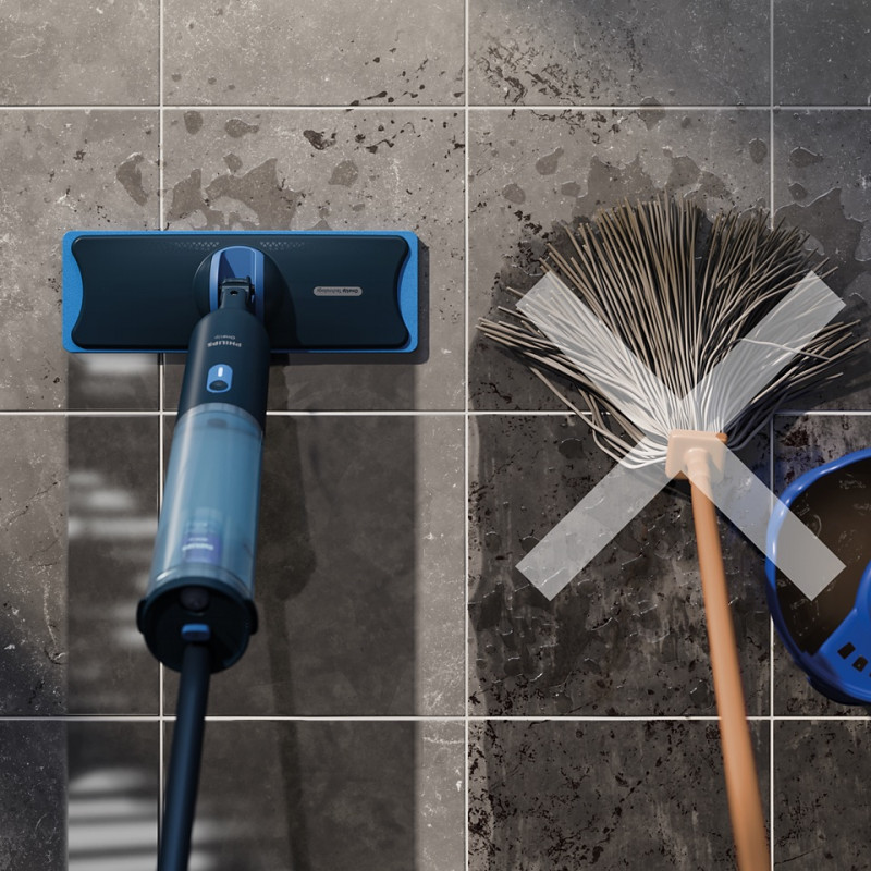 Mop electric Philips OneUp 3000 XV3101/01, 50 min, 50 m², 312/270 ml, cap rotativ la 360°, indicator LED, încărcare USB-C, albastru