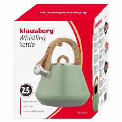 Ceainic cu fluier Klausberg KB 9062, 2,5 l, oțel inoxidabil, mâner care nu se încălzește, compatibil cu plitele cu inducție, verde
