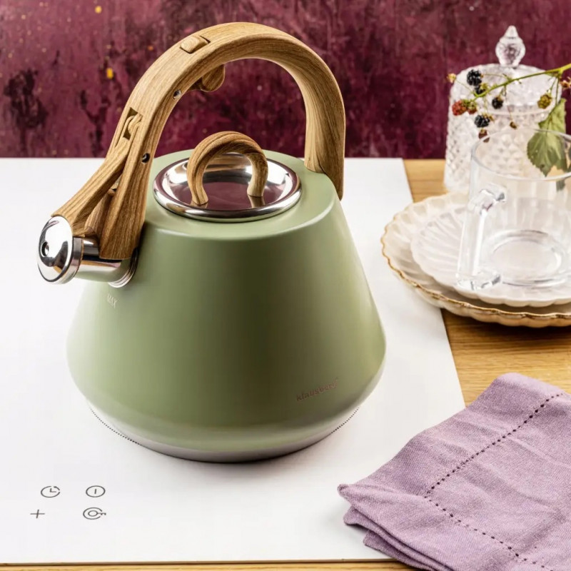 Ceainic cu fluier Klausberg KB 9062, 2,5 l, oțel inoxidabil, mâner care nu se încălzește, compatibil cu plitele cu inducție, verde