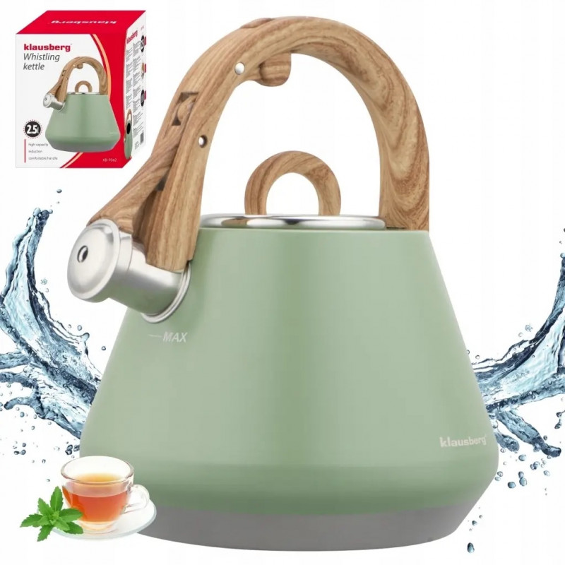 Ceainic cu fluier Klausberg KB 9062, 2,5 l, oțel inoxidabil, mâner care nu se încălzește, compatibil cu plitele cu inducție, verde