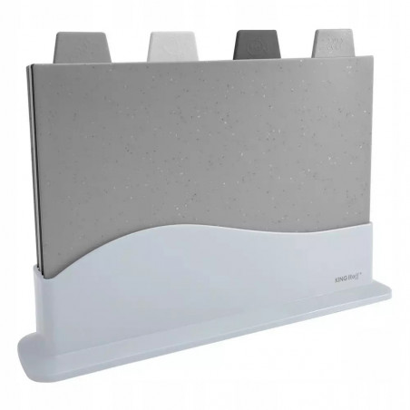 Set de 4 tăvi de tăiat cu suport Kinghoff KH 1743, utilizabile pe ambele fețe, rezistente la temperaturi de până la 130 °C, fără absorbție a mirosurilor, antiderapante, multicolore
