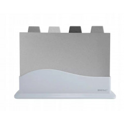 Set de 4 tăvi de tăiat cu suport Kinghoff KH 1743, utilizabile pe ambele fețe, rezistente la temperaturi de până la 130 °C, fără absorbție a mirosurilor, antiderapante, multicolore