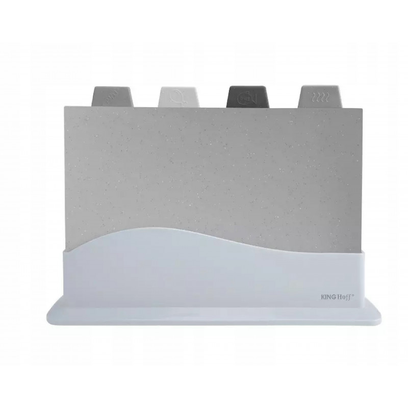 Set de 4 tăvi de tăiat cu suport Kinghoff KH 1743, utilizabile pe ambele fețe, rezistente la temperaturi de până la 130 °C, fără absorbție a mirosurilor, antiderapante, multicolore