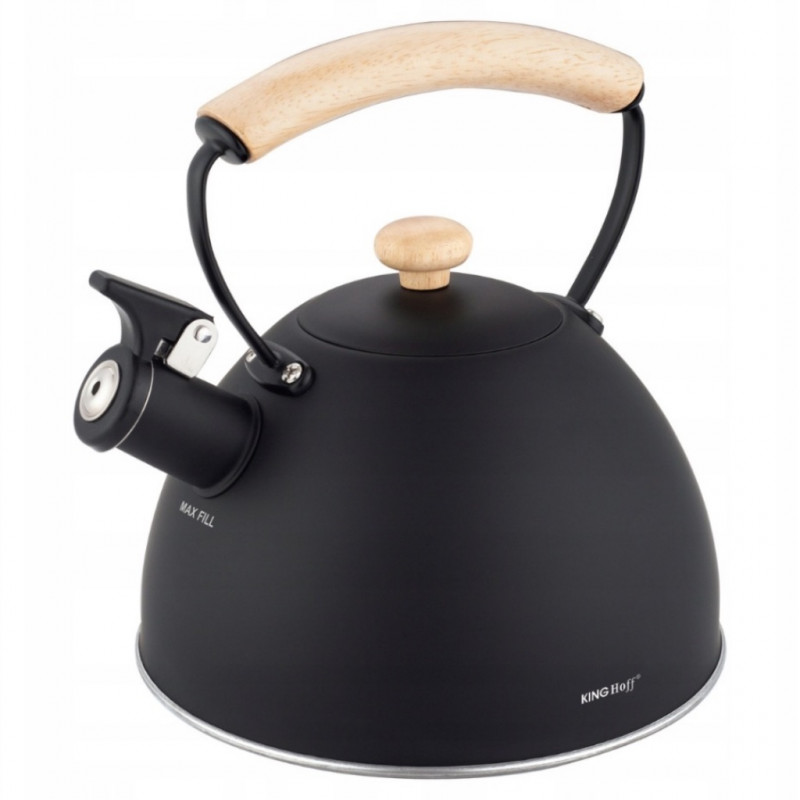 Ceainic cu fluier Kinghoff KH 1999, 2,5 l, oțel inoxidabil, mâner din lemn care nu se încălzește, compatibil cu plitele cu inducție, negru mat