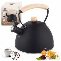 Ceainic cu fluier Kinghoff KH 1999, 2,5 l, oțel inoxidabil, mâner din lemn care nu se încălzește, compatibil cu plitele cu inducție, negru mat